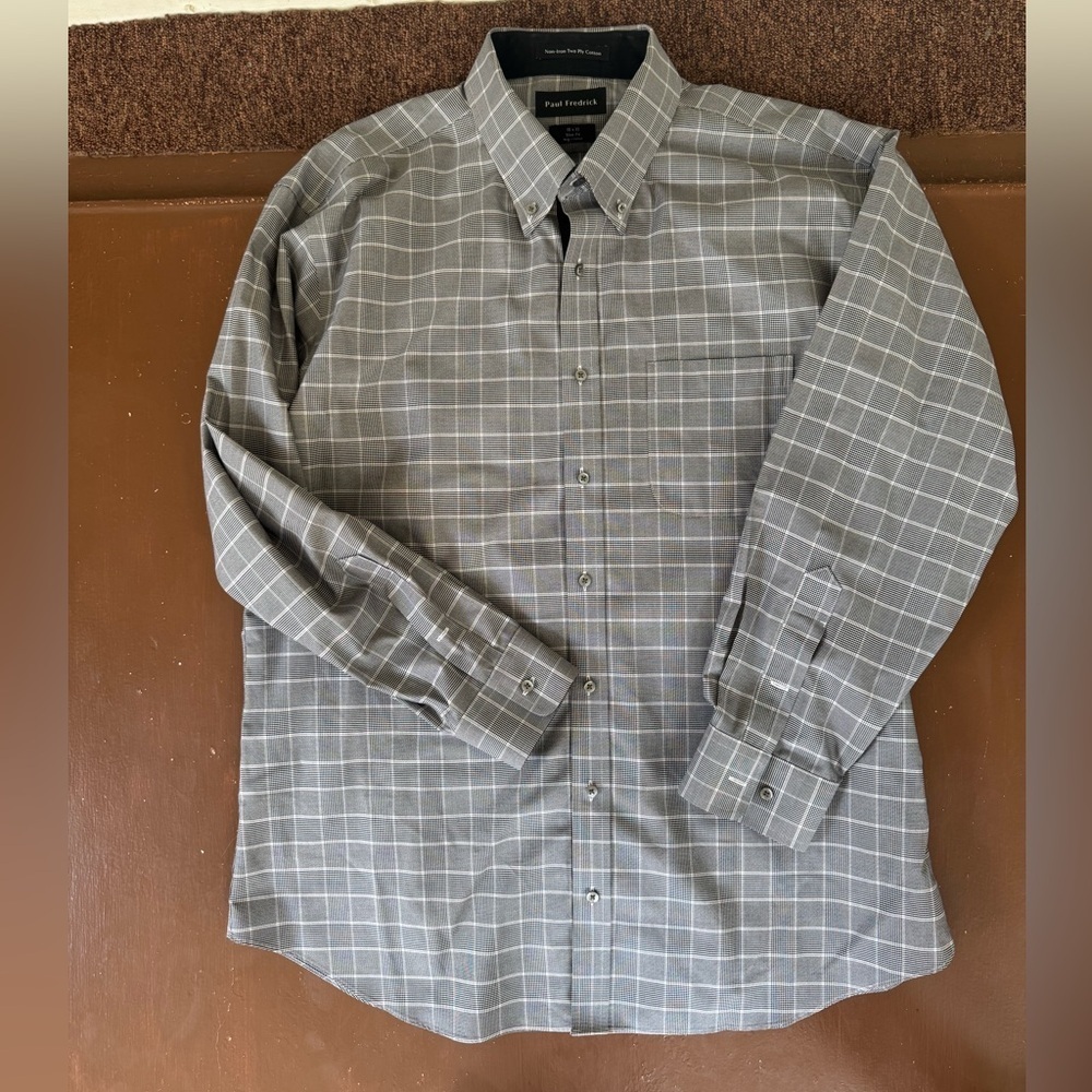 Paul Fredrick Men's Gray Plaid Dress Shirt. 18x33 Slim Fit